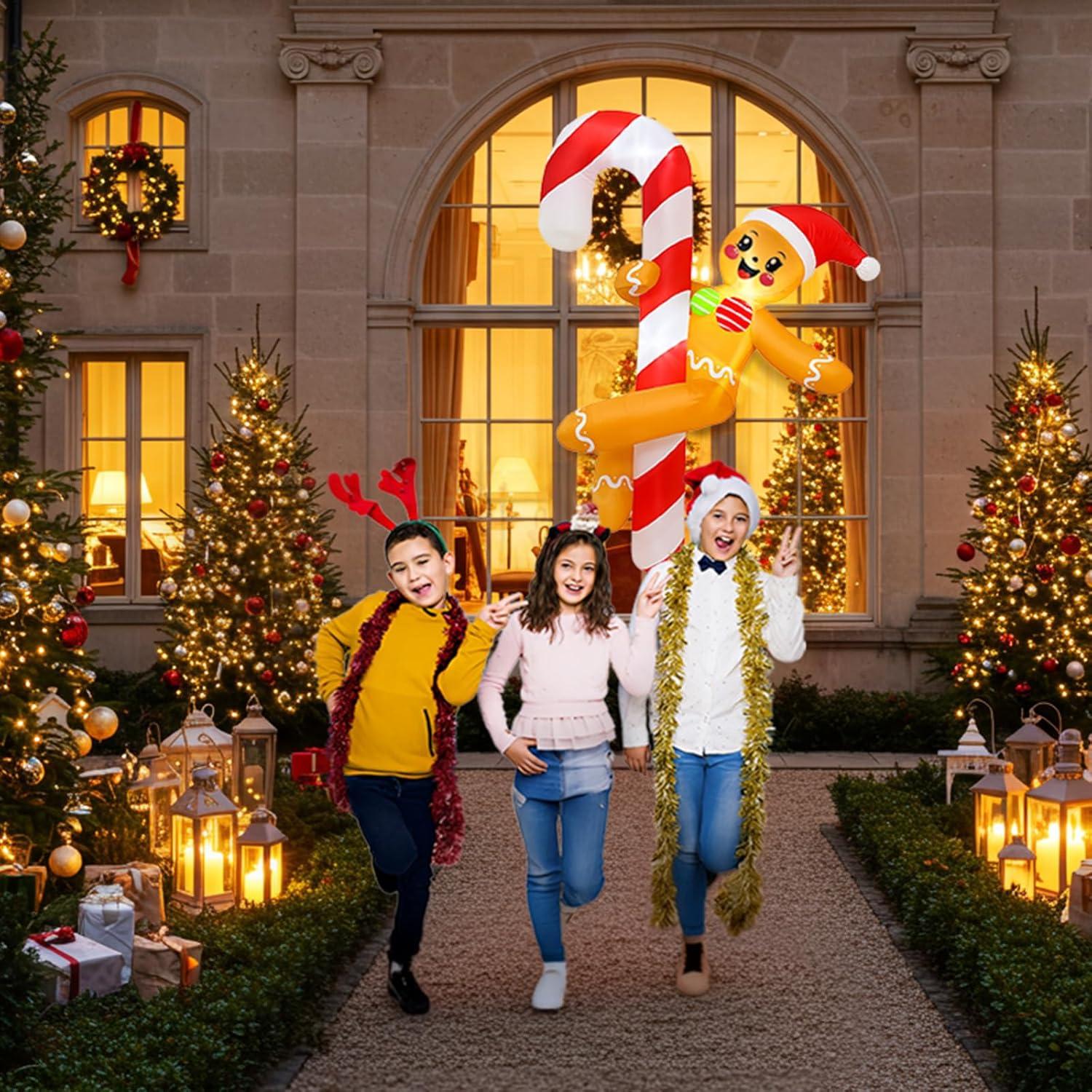 imageOurWarm 6 FT Funny Christmas Inflatables Outdoor Gingerbread Inflatable Decorations Dance Around a Candy Cane Decor Christmas Blow Up Yard Decorations for Lawn Indoor Garden Xmas Decor