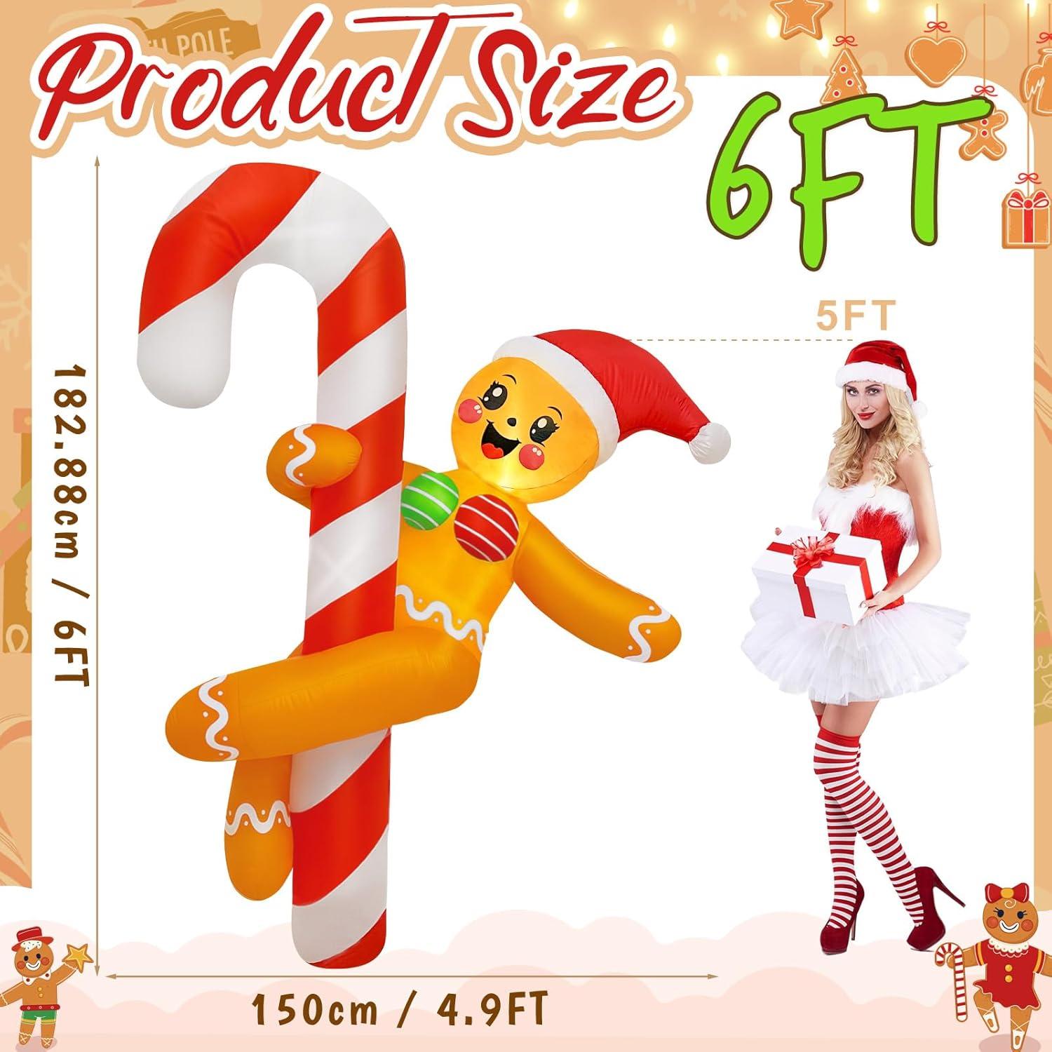 imageOurWarm 6 FT Funny Christmas Inflatables Outdoor Gingerbread Inflatable Decorations Dance Around a Candy Cane Decor Christmas Blow Up Yard Decorations for Lawn Indoor Garden Xmas Decor