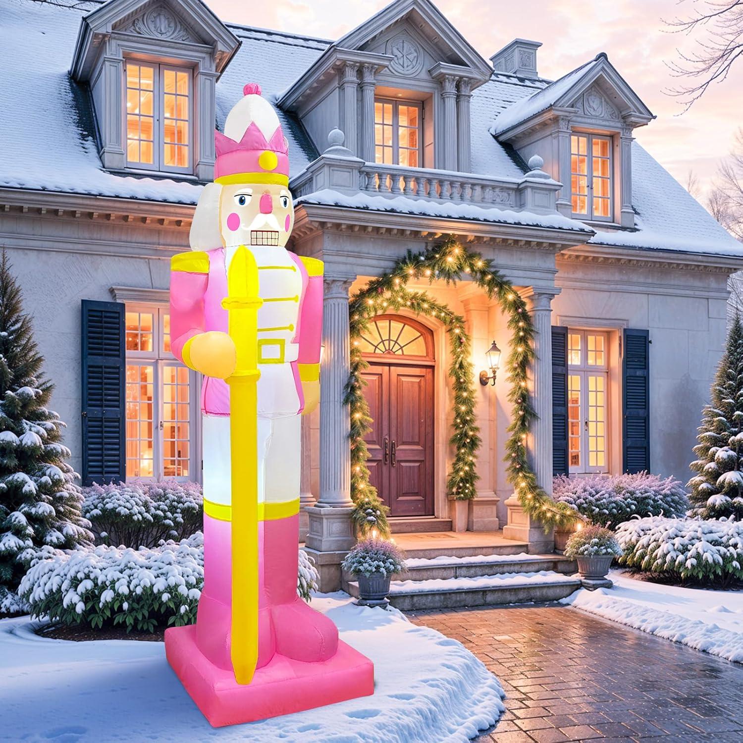 imageOurWarm 8FT Christmas Inflatable Outdoor Decoration Pink Nutcracker Inflatable Christmas Blow up Yard Decorations with LED Lights Nutcracker Christmas Decor Outdoor for Yard Garden Lawn
