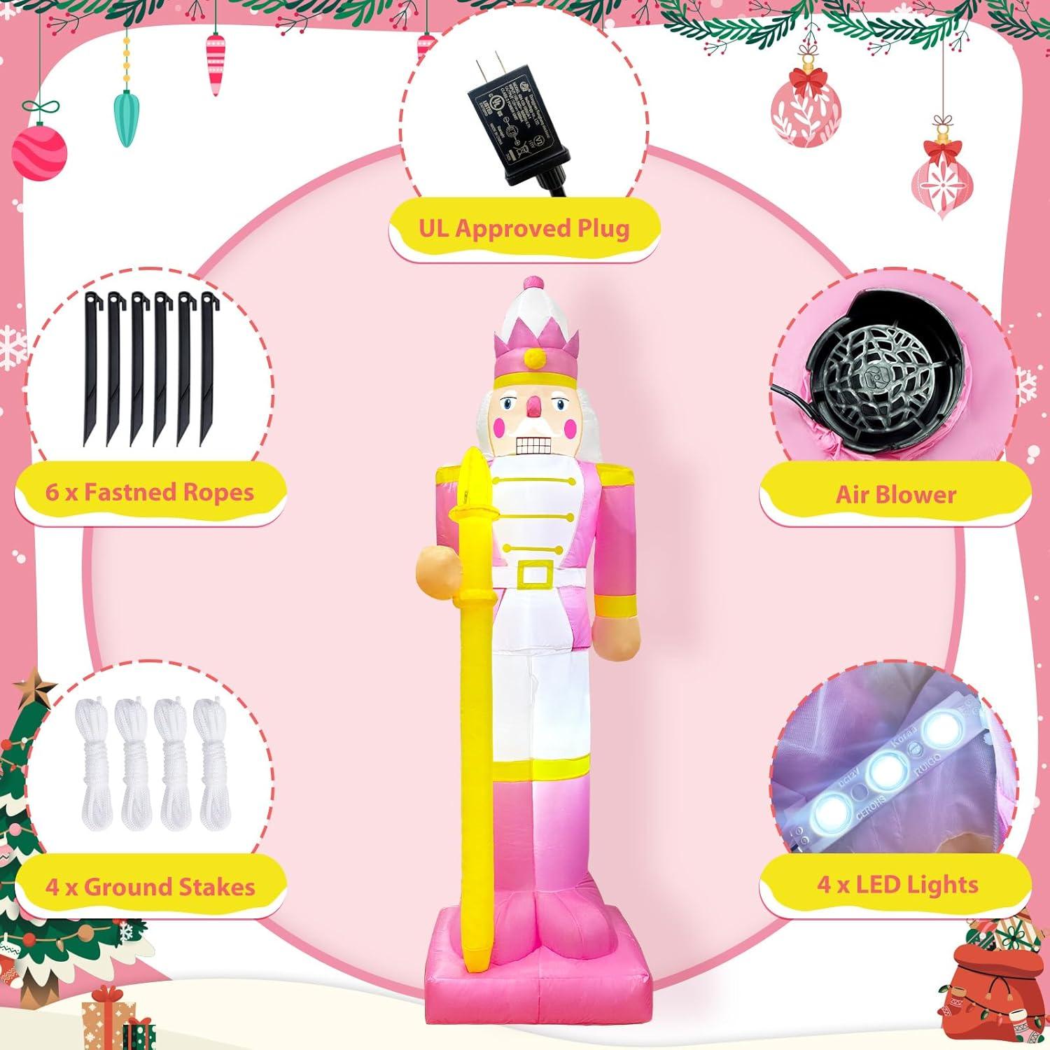 imageOurWarm 8FT Christmas Inflatable Outdoor Decoration Pink Nutcracker Inflatable Christmas Blow up Yard Decorations with LED Lights Nutcracker Christmas Decor Outdoor for Yard Garden Lawn