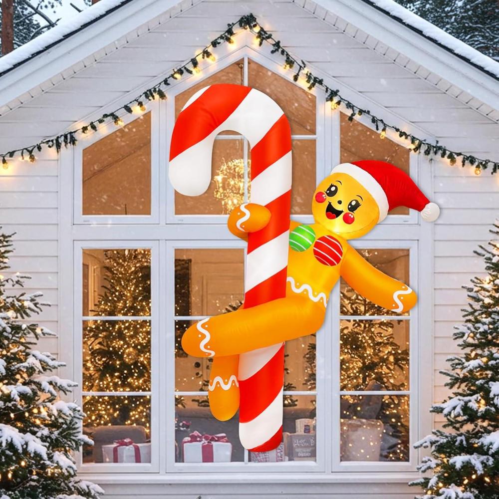 imageOurWarm 6 FT Funny Christmas Inflatables Outdoor Gingerbread Inflatable Decorations Dance Around a Candy Cane Decor Christmas Blow Up Yard Decorations for Lawn Indoor Garden Xmas Decor