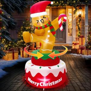 imageOurWarm 5 FT Christmas Inflatable Outdoor Decoration Rotating Christmas Inflatables Gingerbread with Candy Cane Christmas Blow Up Yard Decorations with LED Lights for Outdoor Christmas Decorations