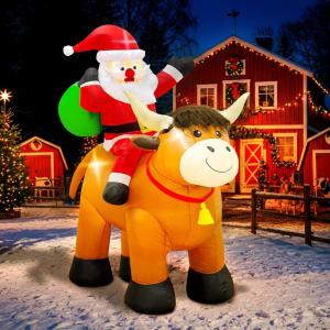 imageOurWarm 6 FT Christmas Inflatable Outdoor Decoration Farm Christmas Inflatables Santa Ride On Highland Cow Christmas Decorations Christmas Blow Up Yard Decorations with LED Lights for Lawn Garden