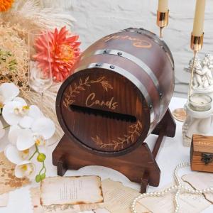 imageOurWarm Wooden Wedding Card Box for Reception Whiskey Barrel Gift Card Box Holder with Base Money Envelope Boxes with Slot for Wedding Graduation Bridal Shower Birthday Party DecorChestnut