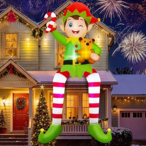 imageOurWarm 10FT Christmas Inflatable Outdoor Decoration Giant Sitting Elf Inflatable Christmas Decorations Outdoor with Builtin LEDs Christmas Blow Up Yard Decorations for Roof Balcony Lawn