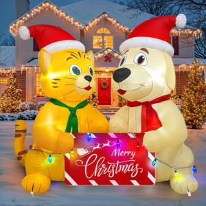 imageOurWarm 5FT Funny Christmas Inflatables Dog Cat Holding Banner Christmas Blow up Yard Decorations with LED Lights Xmas Inflatable Christmas Decorations Outdoor for Lawn Garden Party Holiday Decor