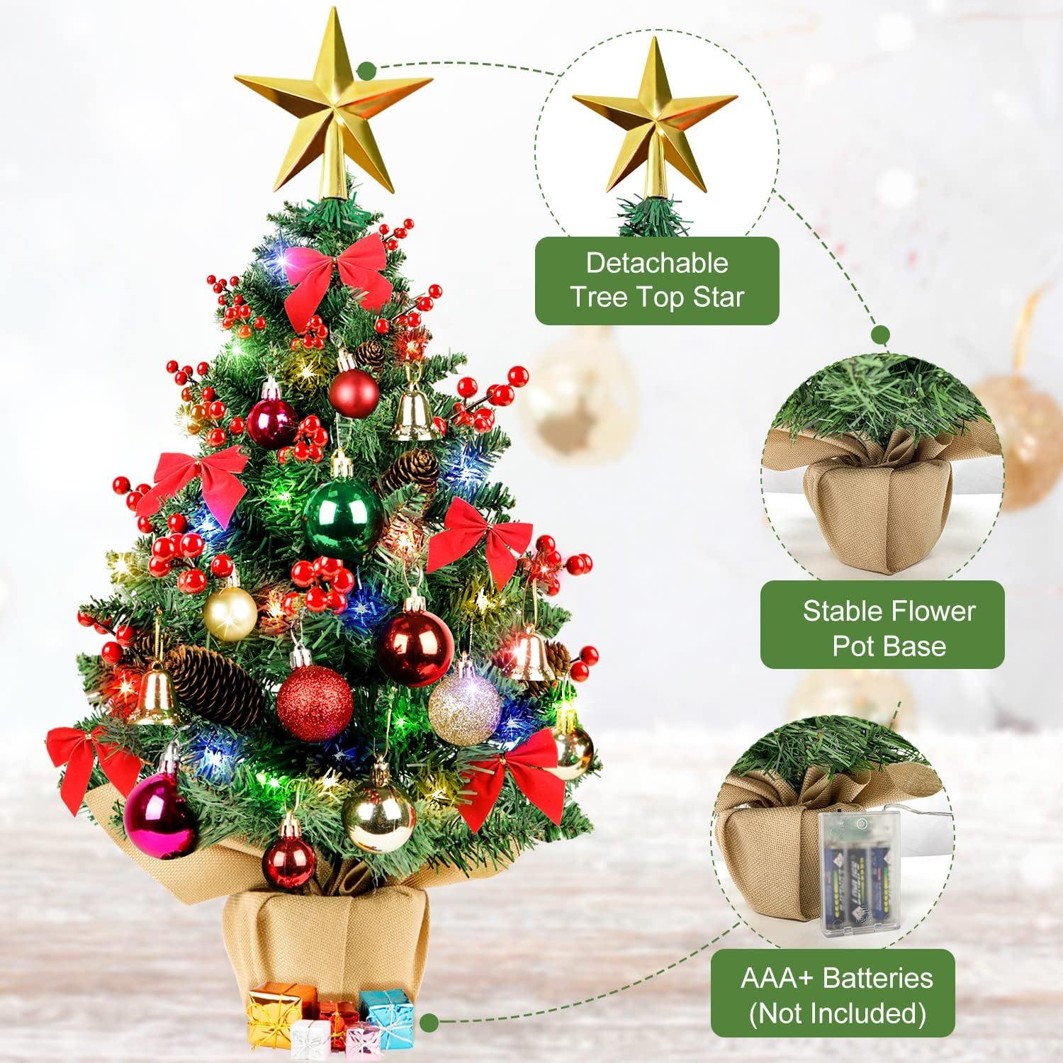 imageOurWarm 24quot Mini Christmas Tree Artificial Tabletop Christmas Tree with 60 LED Lights Star Tree Topper and Hanging Ornaments Small Christmas Tree for Winter Holiday Xmas Table Top Desk Decor
