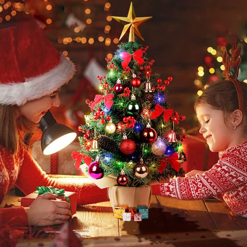 imageOurWarm 24quot Mini Christmas Tree Artificial Tabletop Christmas Tree with 60 LED Lights Star Tree Topper and Hanging Ornaments Small Christmas Tree for Winter Holiday Xmas Table Top Desk Decor