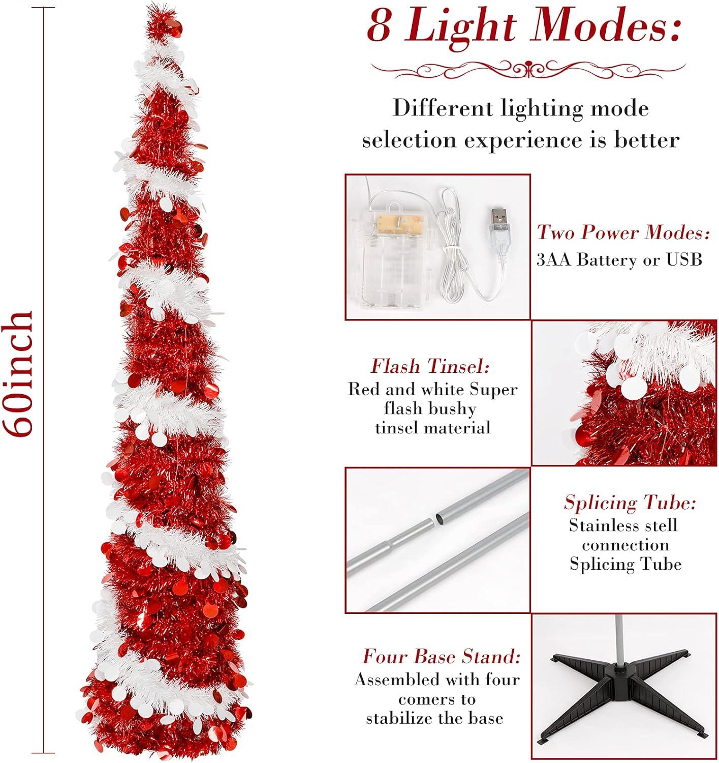 imageOurWarm 5ft Collapsible Pop Up Tinsel Pencil Christmas Tree with Lights 8 Modes for Holiday Home Decoration White ampamp Red