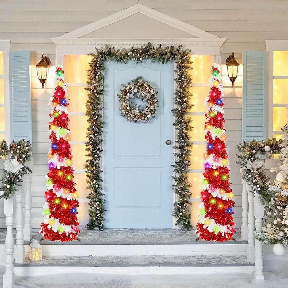 imageOurWarm 5ft Collapsible Pop Up Tinsel Pencil Christmas Tree with Lights 8 Modes for Holiday Home Decoration White ampamp Red