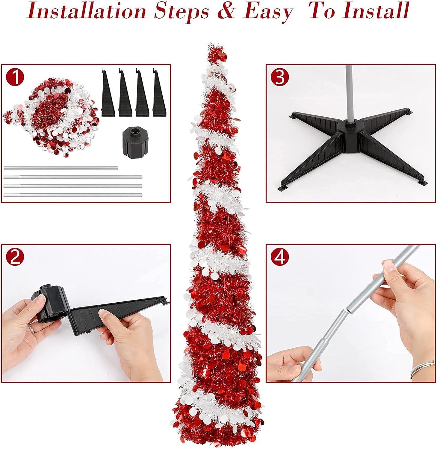 imageOurWarm 5ft Collapsible Pop Up Tinsel Pencil Christmas Tree with Lights 8 Modes for Holiday Home Decoration White ampamp Red