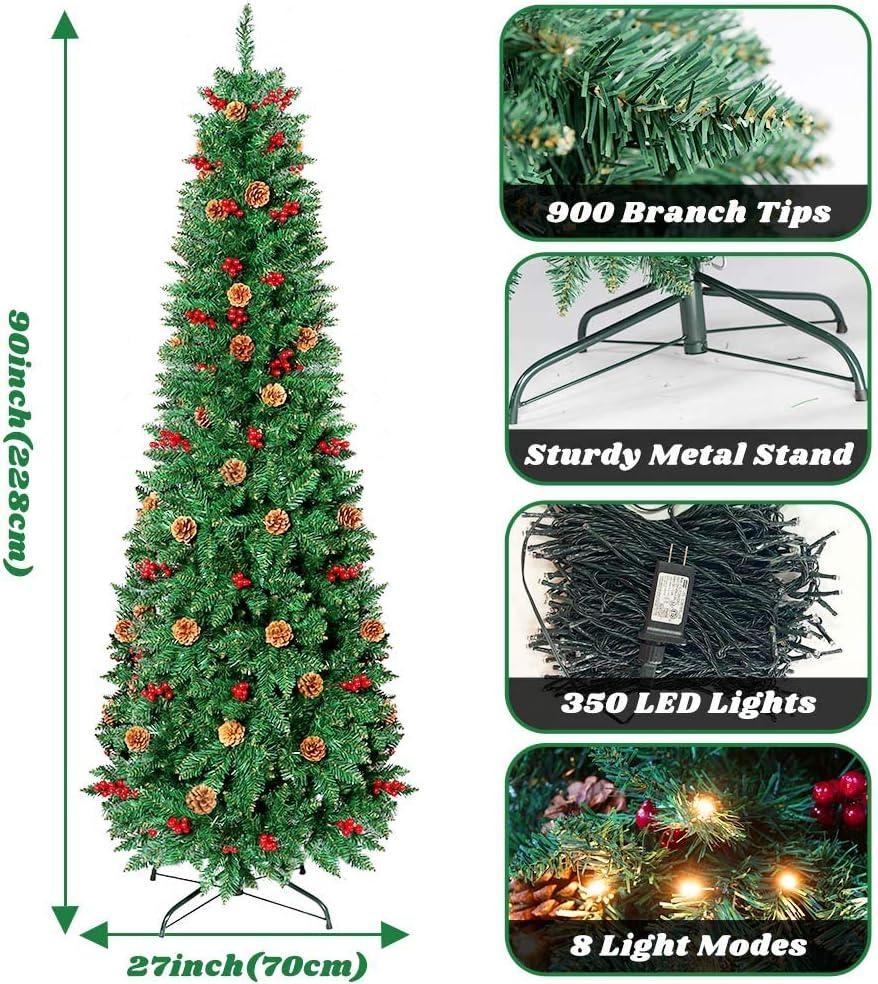 imageOurWarm 75ft Prelit Slim Christmas Tree with 350 LED Lights 900 Branch Tips Solid Metal Stand 55 Pine Cones 55 Berries Xmas Tree for Home and Office
