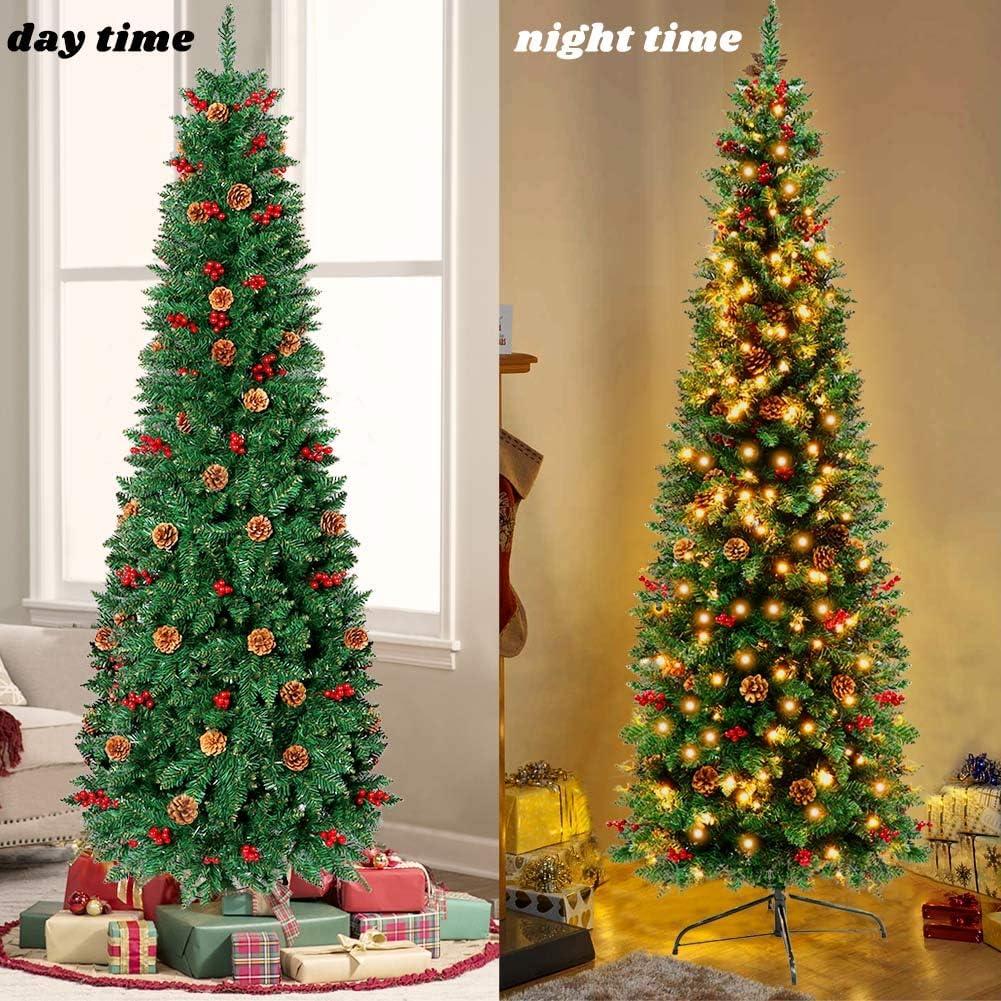 imageOurWarm 75ft Prelit Slim Christmas Tree with 350 LED Lights 900 Branch Tips Solid Metal Stand 55 Pine Cones 55 Berries Xmas Tree for Home and Office