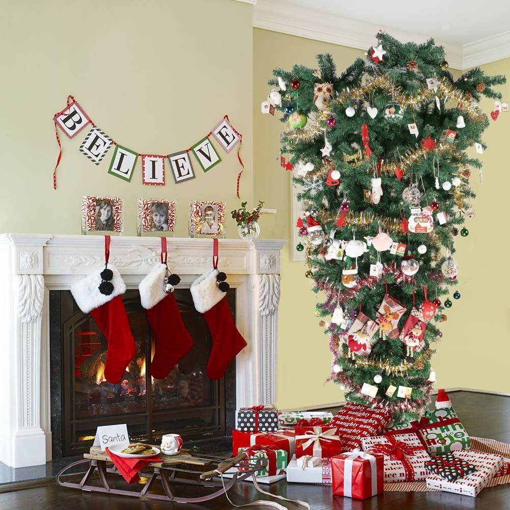 imageOurWarm 7ft Upside Down Artificial Christmas Tree with 1100 Branch Tips Green PVC Xmas Tree with Foldable Metal Stand for Indoor Outdoor Holiday Christmas Decorations