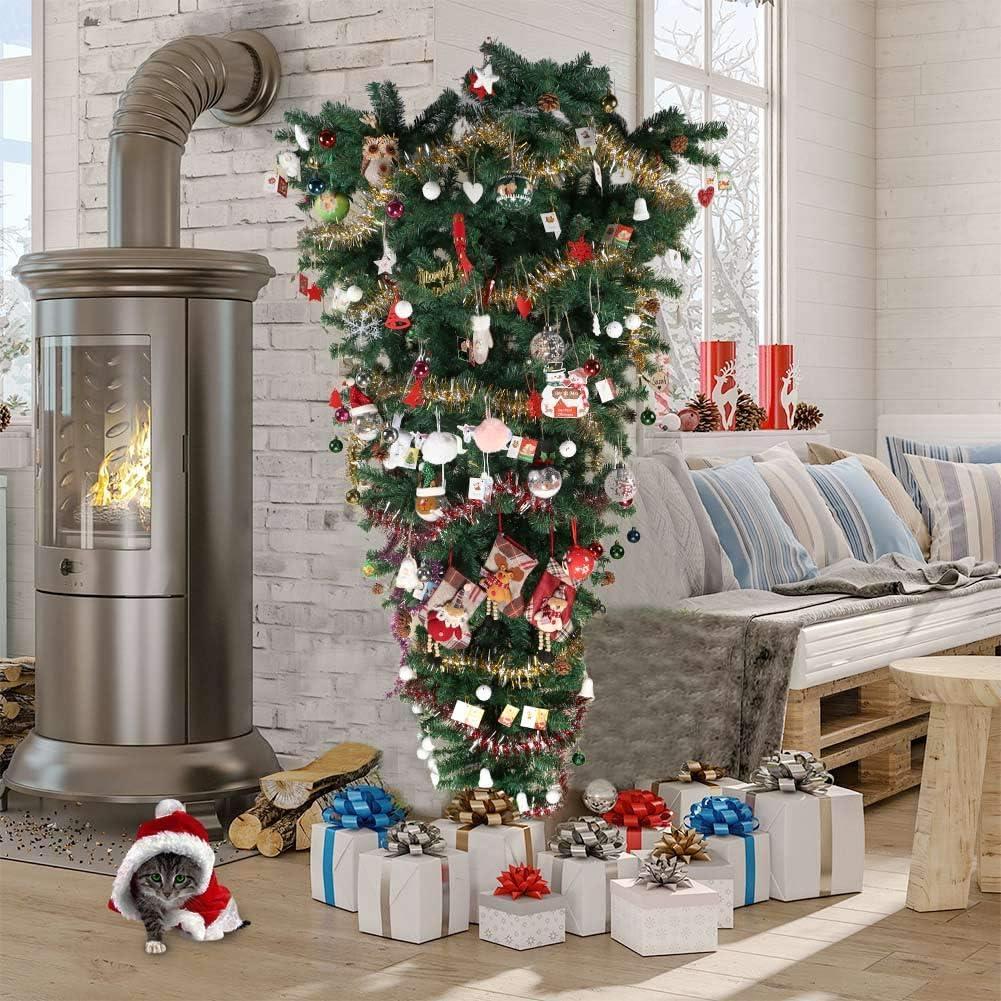 imageOurWarm 7ft Upside Down Artificial Christmas Tree with 1100 Branch Tips Green PVC Xmas Tree with Foldable Metal Stand for Indoor Outdoor Holiday Christmas Decorations