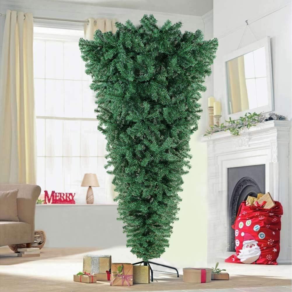 imageOurWarm 7ft Upside Down Artificial Christmas Tree with 1100 Branch Tips Green PVC Xmas Tree with Foldable Metal Stand for Indoor Outdoor Holiday Christmas Decorations