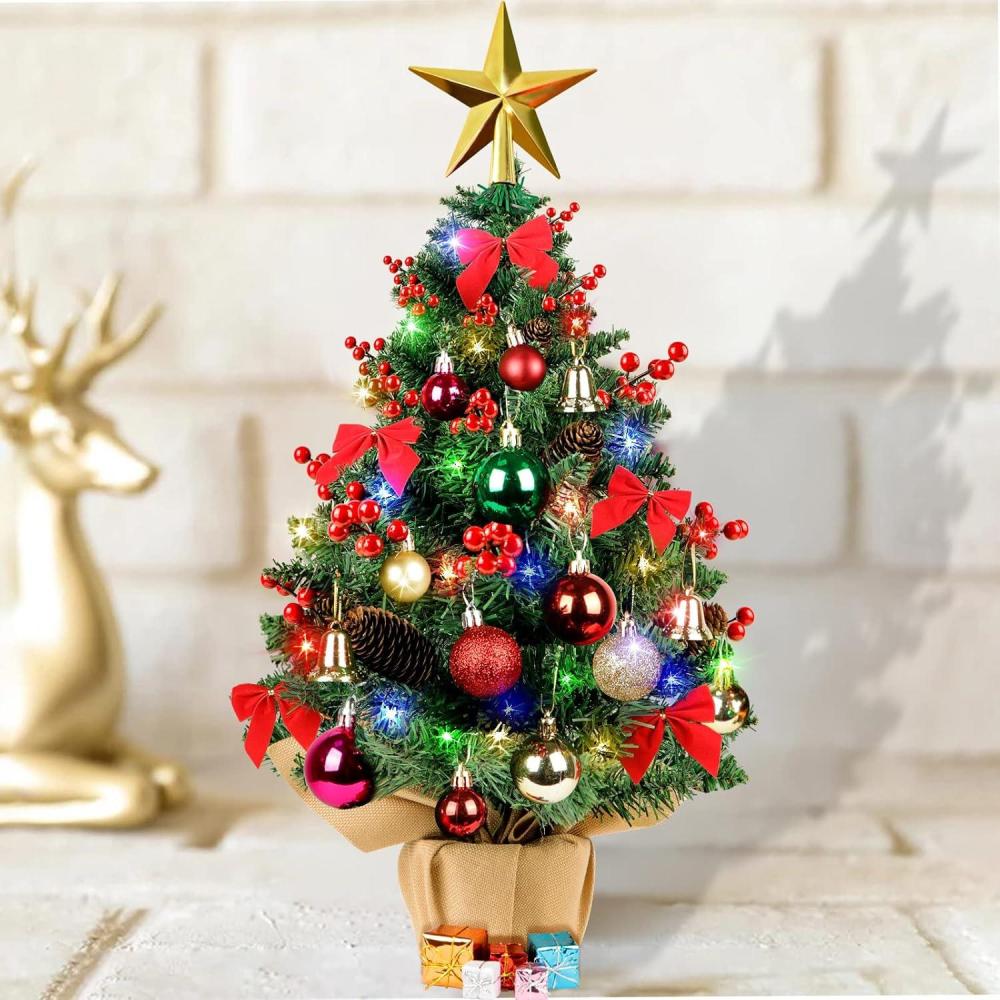 imageOurWarm 24quot Mini Christmas Tree Artificial Tabletop Christmas Tree with 60 LED Lights Star Tree Topper and Hanging Ornaments Small Christmas Tree for Winter Holiday Xmas Table Top Desk Decor