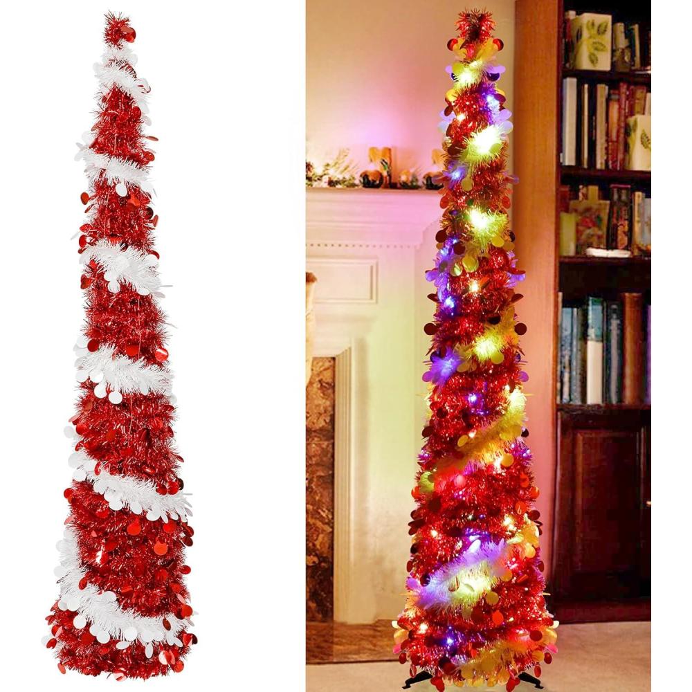 imageOurWarm 5ft Collapsible Pop Up Tinsel Pencil Christmas Tree with Lights 8 Modes for Holiday Home Decoration White ampamp Red