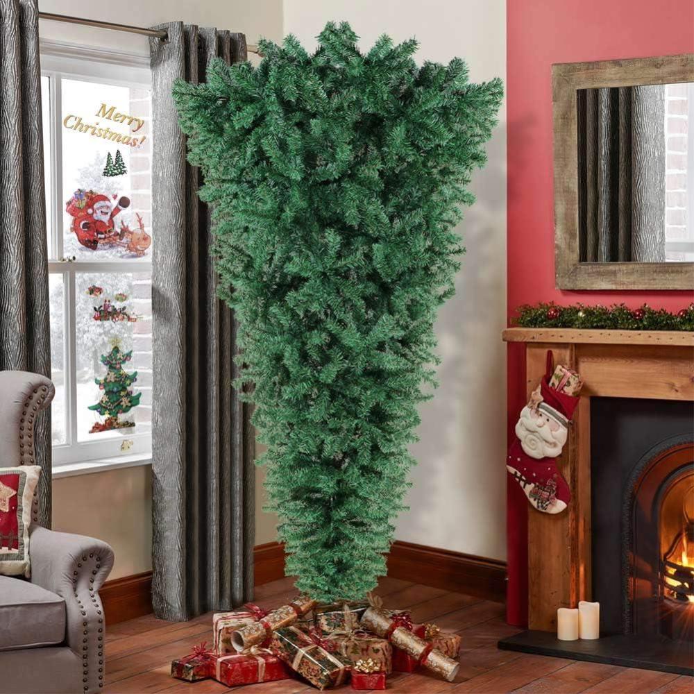 imageOurWarm 7ft Upside Down Artificial Christmas Tree with 1100 Branch Tips Green PVC Xmas Tree with Foldable Metal Stand for Indoor Outdoor Holiday Christmas Decorations