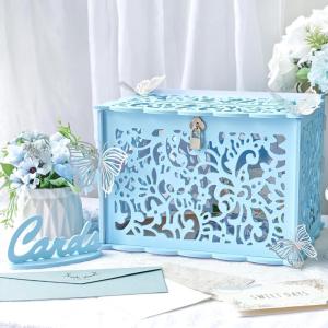 imageOurWarm Blue Wedding Card Box for Party PVC Gift Card Box for Wedding Decorations with Lock Envelope Money Wedding Card Boxes for Reception Anniversary Graduation Bridal Shower Birthday DecorBlue
