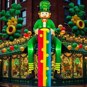 imageOurWarm 8FT St Patricks Day Inflatables Outdoor Decoration Sitting Inflatable Leprechaun with 3m Rainbow St Patricks Day Blow up Leprechaun Inflatable Yard Decor with LED Lights for Roof Porch
