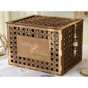 image:imageOurWarm Customized Wedding Card Box with Lid Wooden Hollow Rattan Pattern Rustic Envelope Money Card Box for Wedding Graduation Party Baby Shower DecorD
