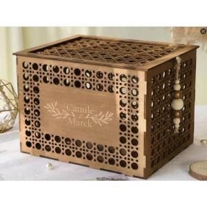 image:imageOurWarm Customized Wedding Card Box with Lid Wooden Hollow Rattan Pattern Rustic Envelope Money Card Box for Wedding Graduation Party Baby Shower DecorC