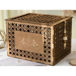 image:imageOurWarm Customized Wedding Card Box with Lid Wooden Hollow Rattan Pattern Rustic Envelope Money Card Box for Wedding Graduation Party Baby Shower DecorB