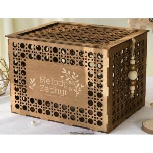 image:imageOurWarm Customized Wooden Wedding Card Box with Lid Rustic Hollow Rattan Pattern Money Envelope Box Card Holder for Wedding Reception Graduation Baby Shower Party Decor