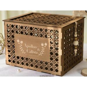image:imageOurWarm Personalized Wedding Card Box with Lid Wooden Hollow Rattan Pattern Money Card Box Rustic Envelope Card Holder for Wedding Reception Graduation Baby Shower Party Decor