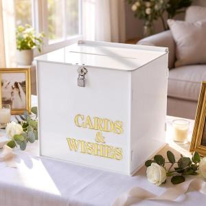 image:imageOurWarm Wedding Card Box with Lock Sage Green Acrylic Card Box for Wedding with 3D Raised Lettering Large Envelope Money Gift Card Box for Party Graduation Birthday Baby Shower Wedding DecorationsWhite