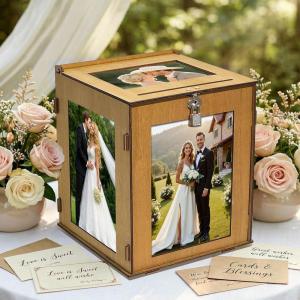 image:imageOurWarm Wooden Wedding Card Box with Picture Frame Large Gift Card Box for Wedding Reception Rotatable Envelope Money Card Box for Party Graduation Birthday Baby Shower Wedding Decorations