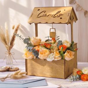 image:imageOurWarm Wooden Wishing Well Wedding Card Box with Lock amp Flower Trough Brown Wedding Card Boxes for Reception Rustic Box for Cards at a Party for Birthday Graduation Baby Shower Reception Decor