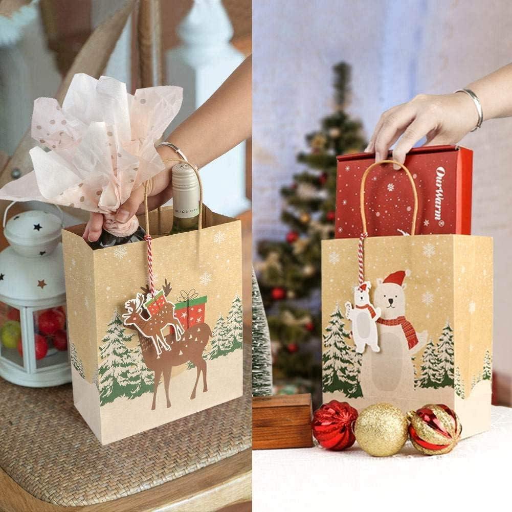 image:imageOurWarm 24 Pack Christmas Gift Bags with Matching Tags Kraft Holiday Gifts Bags with Festive Prints 9x7x4 Sturdy Christmas Goodie bags with Handle for Gifts to GiveParty FavorsGifts Wrapping