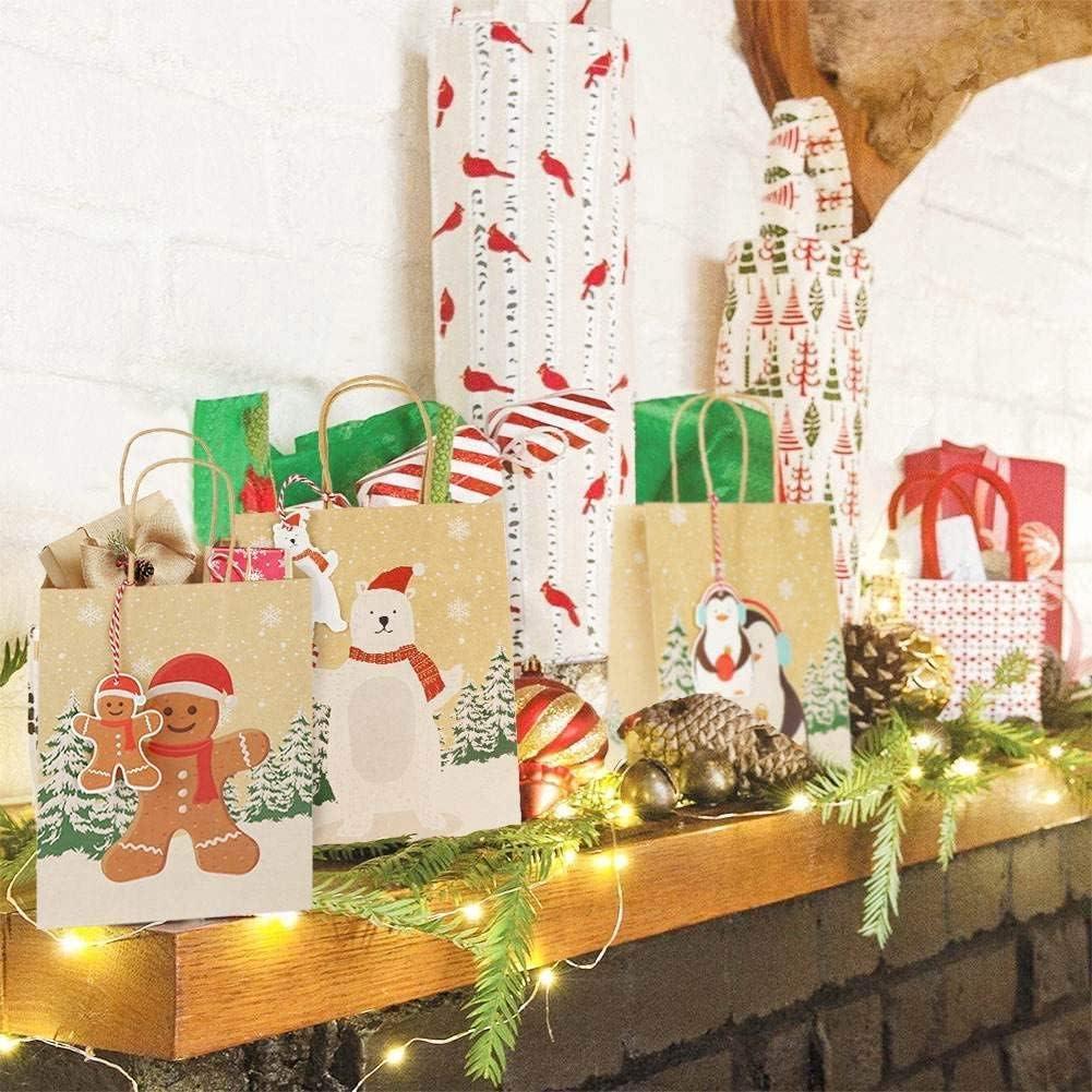 image:imageOurWarm 24 Pack Christmas Gift Bags with Matching Tags Kraft Holiday Gifts Bags with Festive Prints 9x7x4 Sturdy Christmas Goodie bags with Handle for Gifts to GiveParty FavorsGifts Wrapping