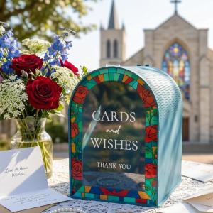image:imageOurWarm Wooden Wedding Card Box for Party Navy Blue Gift Card Boxes with Acrylic Enamel Arch Window for Cards gift card box for Bridal Shower Baby Shower Graduation Party and Wedding Decor