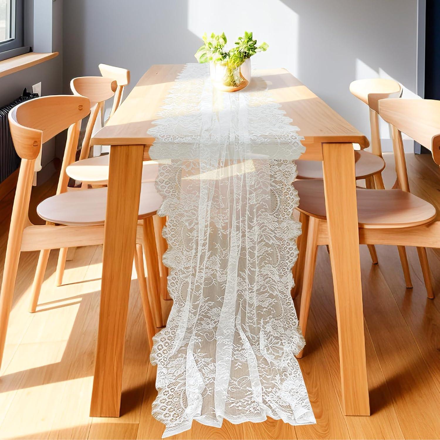 image:imageOurWarm 28 x 120 Inches Vintage Lace Wedding Table Runner White Floral Lace Table Runners for Rustic Chic Wedding Reception Table Decor Boho Wedding Bridal Shower Party Decorations