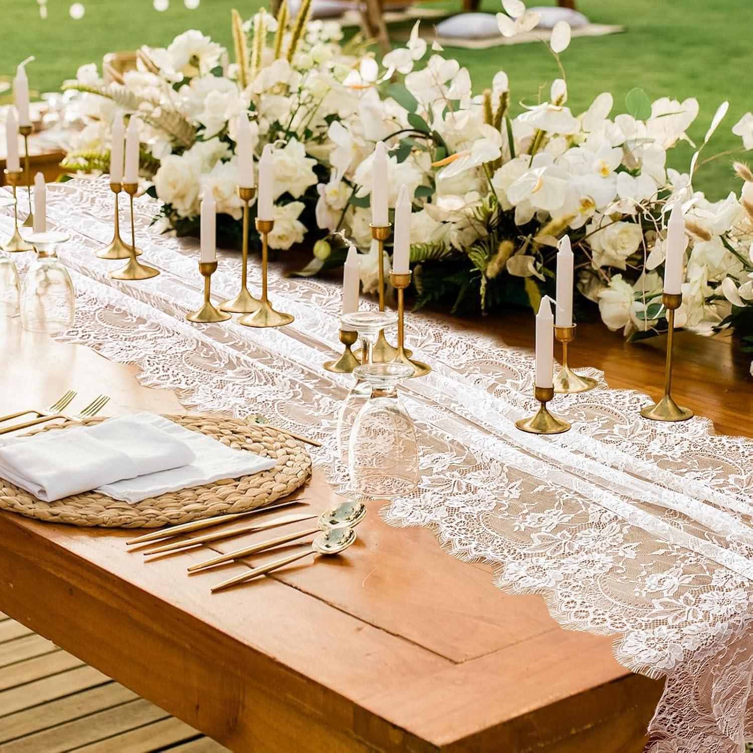 image:imageOurWarm 28 x 120 Inches Vintage Lace Wedding Table Runner White Floral Lace Table Runners for Rustic Chic Wedding Reception Table Decor Boho Wedding Bridal Shower Party Decorations