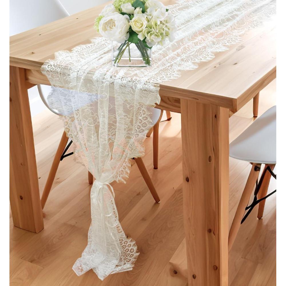 image:imageOurWarm 28 x 120 Inches Vintage Lace Wedding Table Runner White Floral Lace Table Runners for Rustic Chic Wedding Reception Table Decor Boho Wedding Bridal Shower Party Decorations