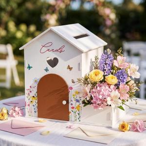 image:imageOurWarm Wooden Wedding Card Box with Flower Trough Rustic House Gift Card Box for Wedding with Magnetic Door White Wedding Card Boxes for Reception for Graduation Baby Showers Birthday Party Decor