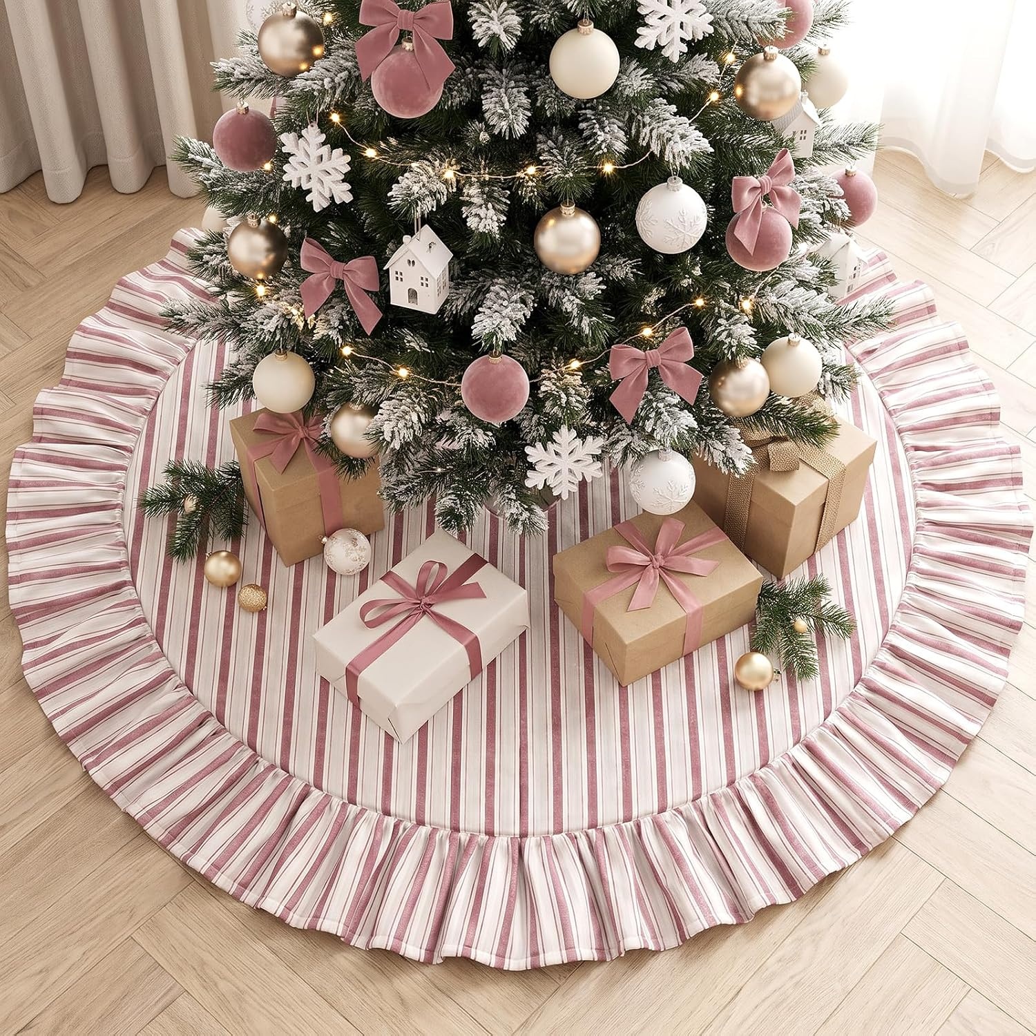 image:image60 Inch Vintage Christmas Tree Skirt Pink Striped Cotton Holiday Decor