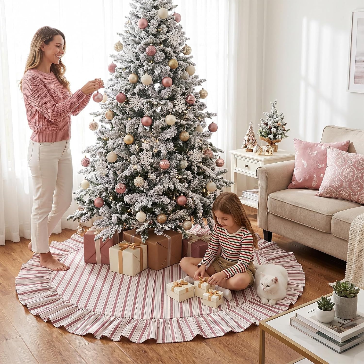 image:image60 Inch Vintage Christmas Tree Skirt Pink Striped Cotton Holiday Decor