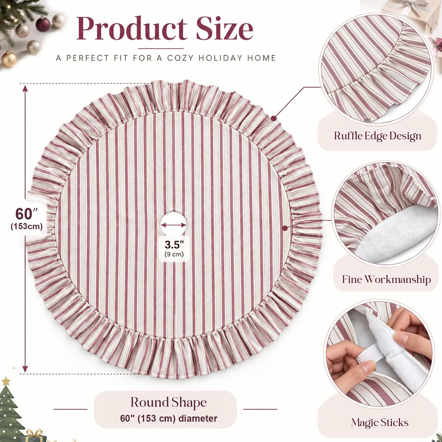image:image60 Inch Vintage Christmas Tree Skirt Pink Striped Cotton Holiday Decor