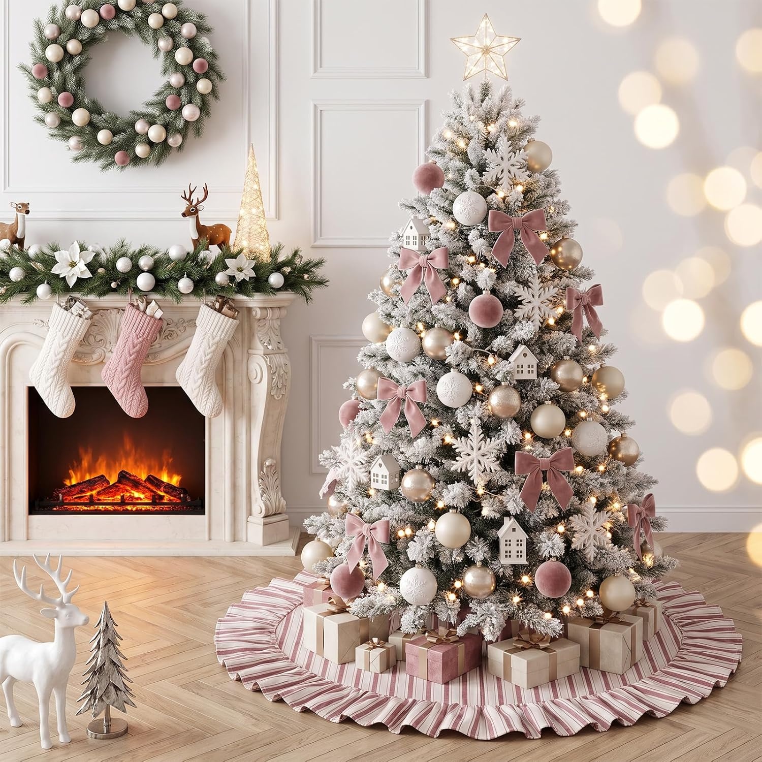 image:image60 Inch Vintage Christmas Tree Skirt Pink Striped Cotton Holiday Decor