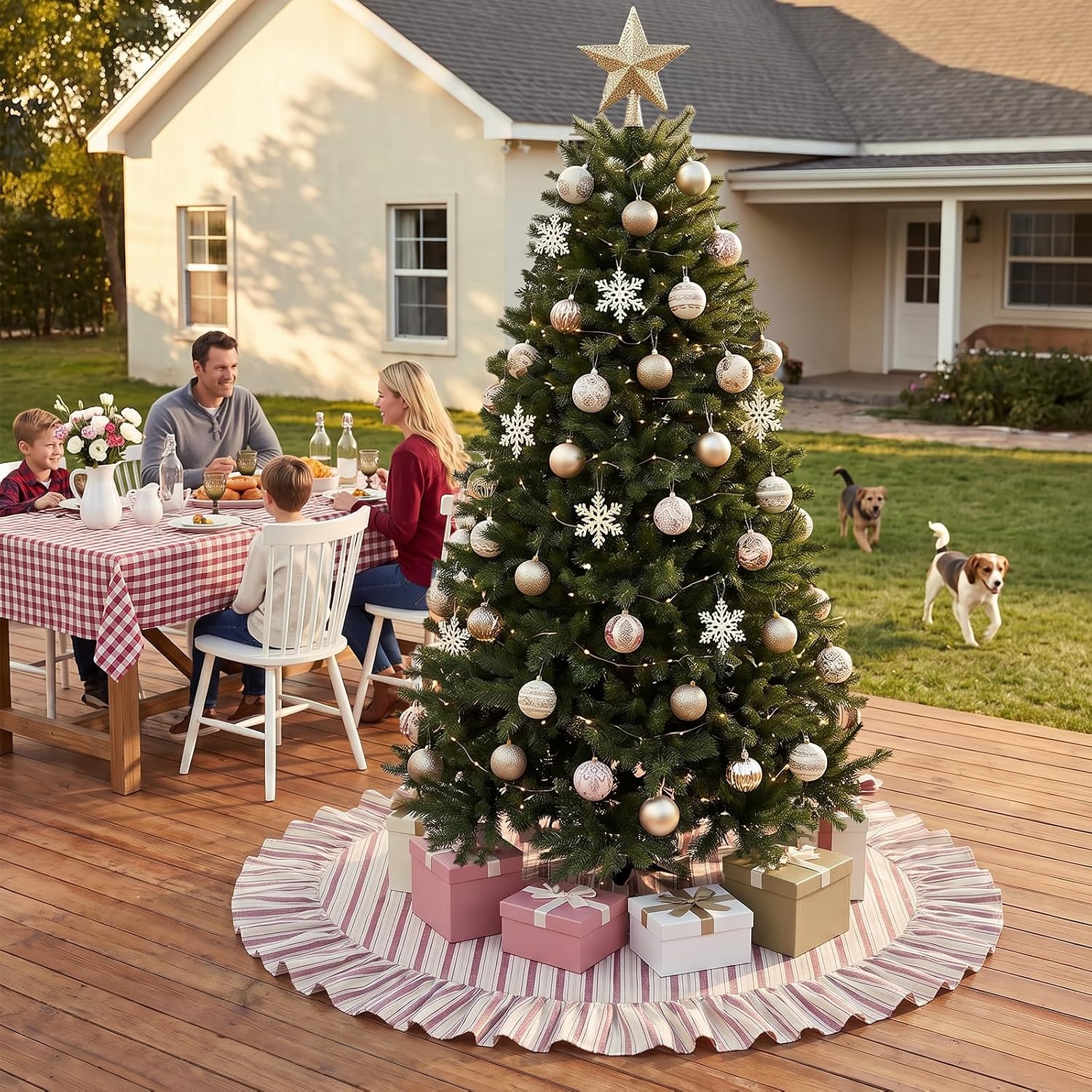 image:image60 Inch Vintage Christmas Tree Skirt Pink Striped Cotton Holiday Decor