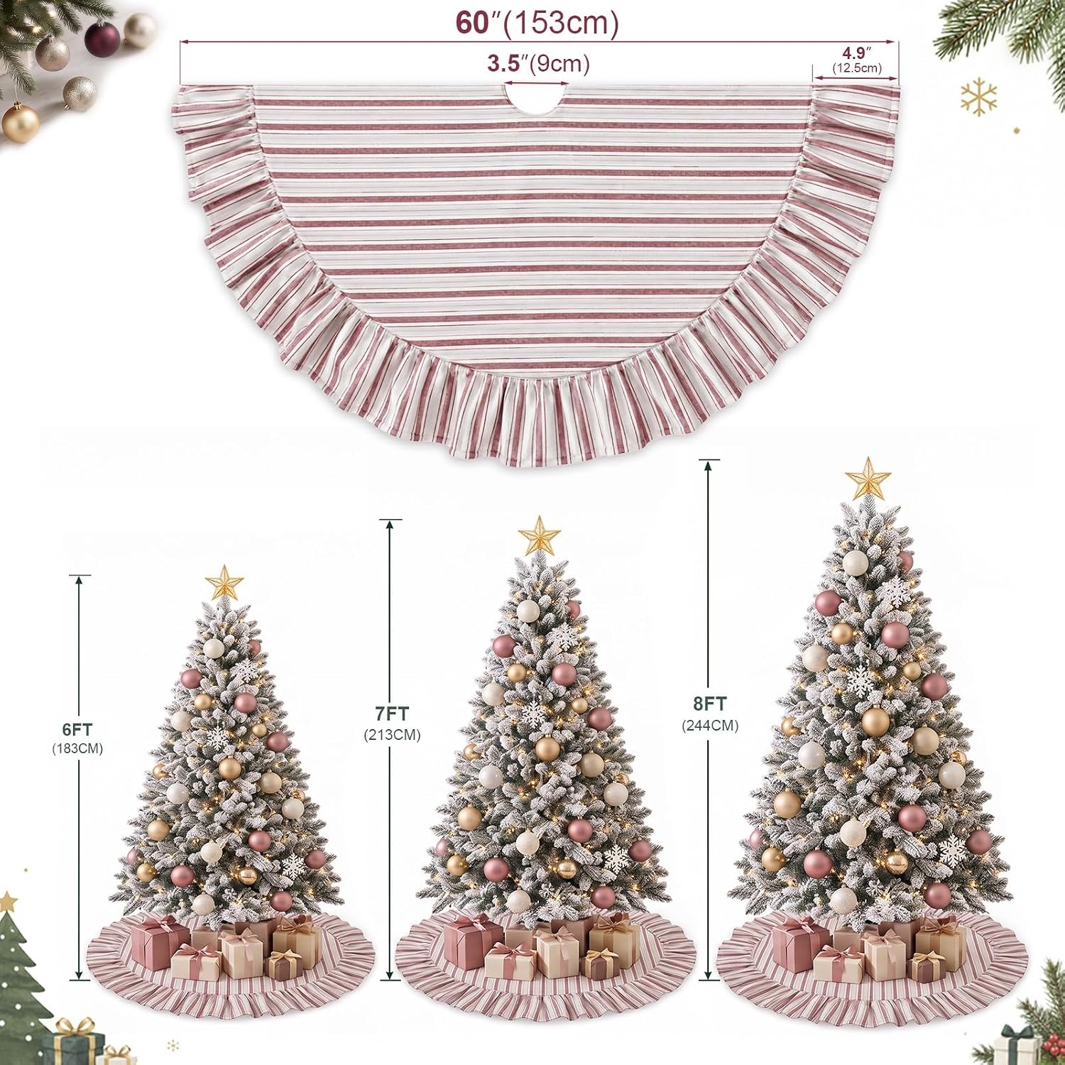 image:image60 Inch Vintage Christmas Tree Skirt Pink Striped Cotton Holiday Decor