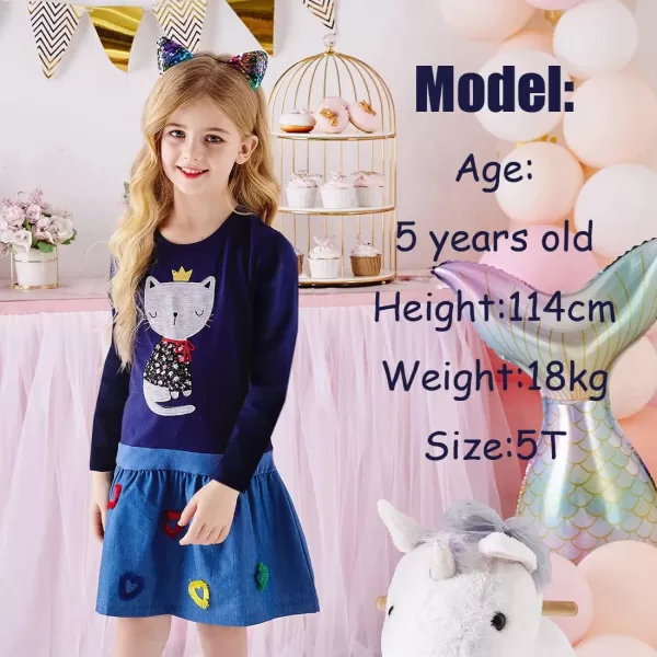 VIKITA Girls Long Sleeve Blue Dress Applique Cat Cartoon Casual Cotton Everyday Dress 412 YearsBluelh5950