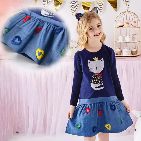 VIKITA Girls Long Sleeve Blue Dress Applique Cat Cartoon Casual Cotton Everyday Dress 412 YearsBluelh5950