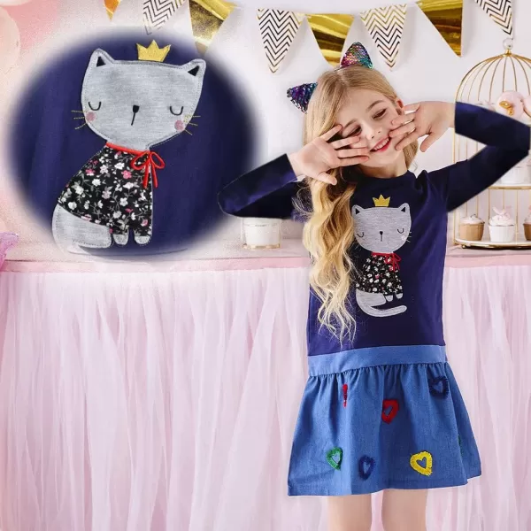 VIKITA Girls Long Sleeve Blue Dress Applique Cat Cartoon Casual Cotton Everyday Dress 412 YearsBluelh5950