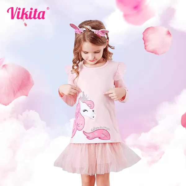 VIKITA Girls Long Sleeve Tees Layered Tulle Cotton Crewneck Sweatshirt Happy Horse Embroidery for Little Kids Fall WinterPinkl3970